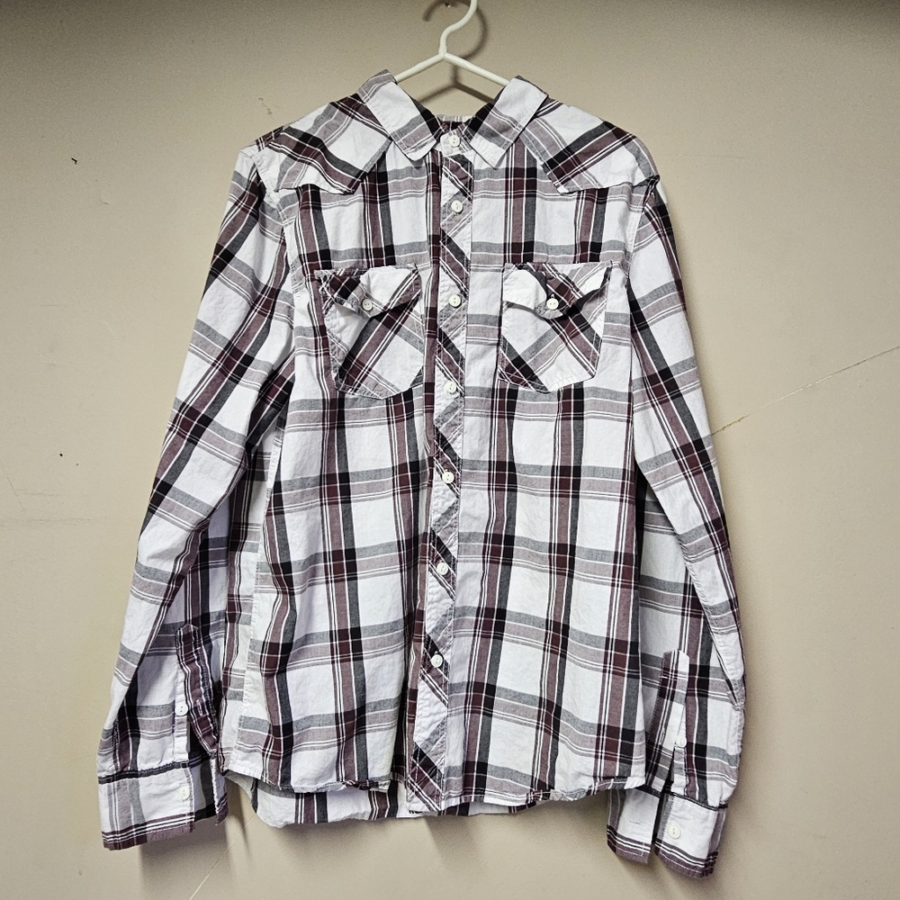 Bluenotes Men’s Plaid Button-Up Shirt – Reddish-Brown & White – Size L/G